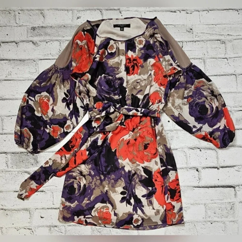 Nine West Floral Chiffon Dress – Size 2 Belted Sheer Sleeve Cocktail Dress